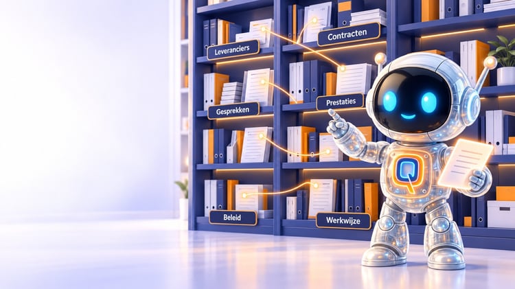 Een robot wijst naar boekenkasten met mappen per inkoopthema, zoals leveranciers en contracten. Een robot wijst naar boekenkasten met mappen per inkoopthema, zoals leveranciers en contracten.