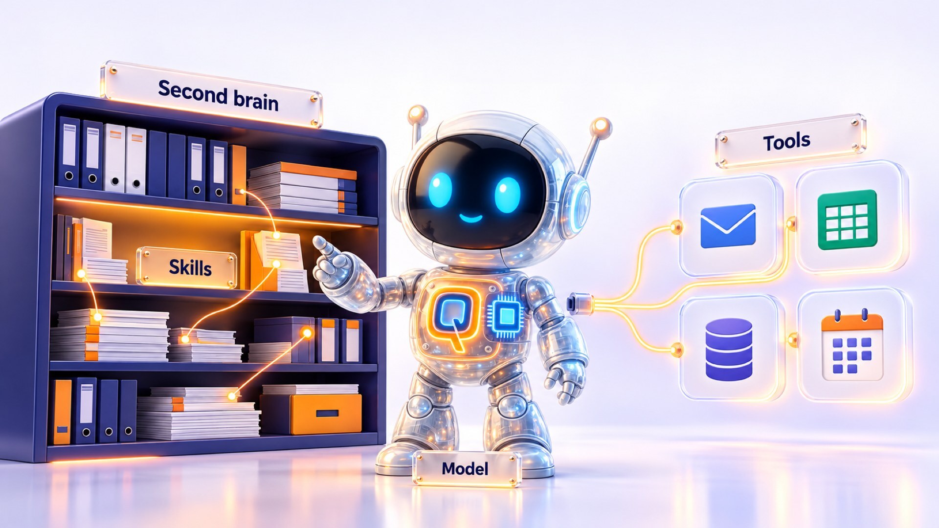 Een robot met een boekenkast waarin een plank 'Skills' is gemarkeerd, en rechts vier tool-iconen die met een kabel verbonden zijn.